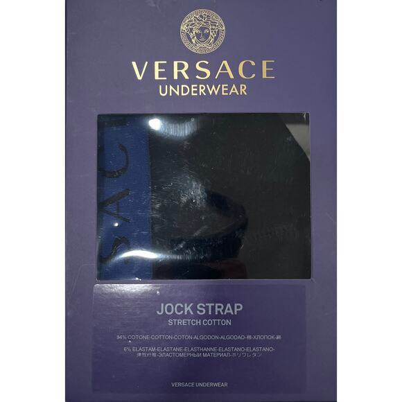 M2-2 VERSACE Men's Greca Jockstrap Underwear Stretch Black/Blue Size 7/36-38/L - Picture 9 of 10